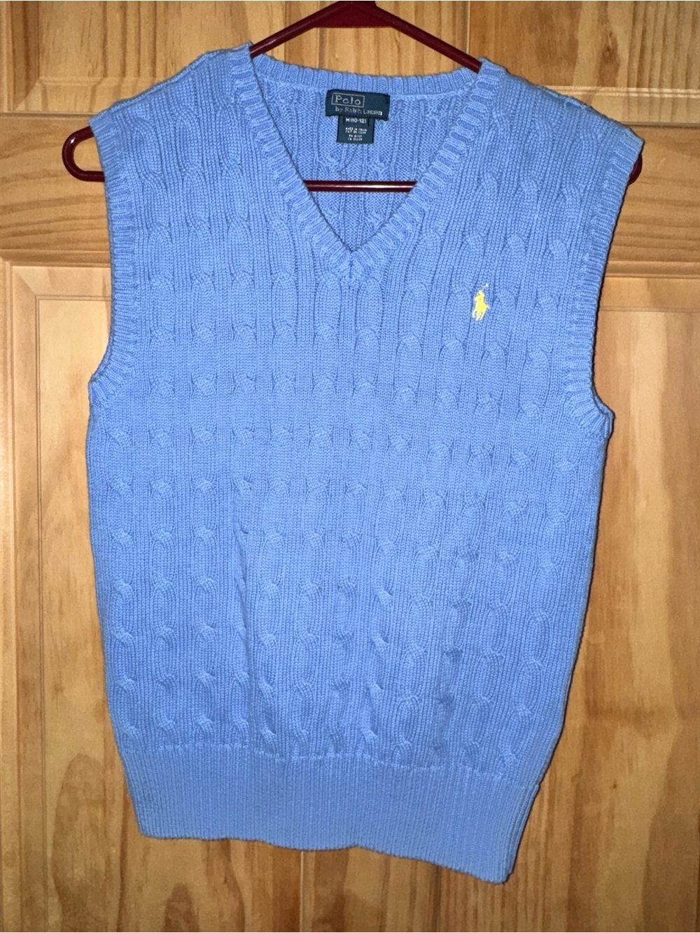 Ralph Lauren Light Blue Cable-Knit V-Neck Sweater Vest with Yellow Pony